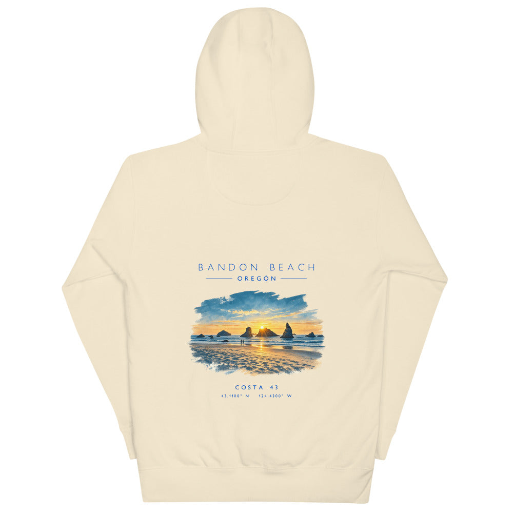 Sudadera con capucha Bandon Beach hueso de Costa 43, espalda con el grabado