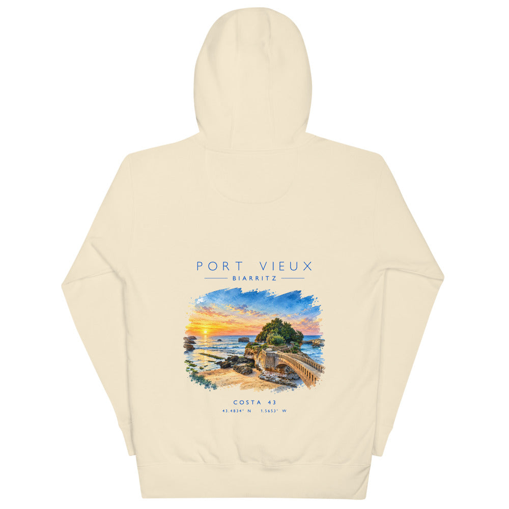 Sudadera con capucha Port Vieux hueso de Costa 43, espalda con el grabado