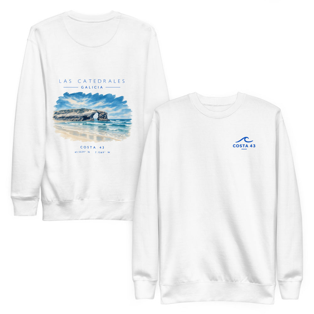 Sudadera Las Catedrales blanca de Costa 43, delante y detrás