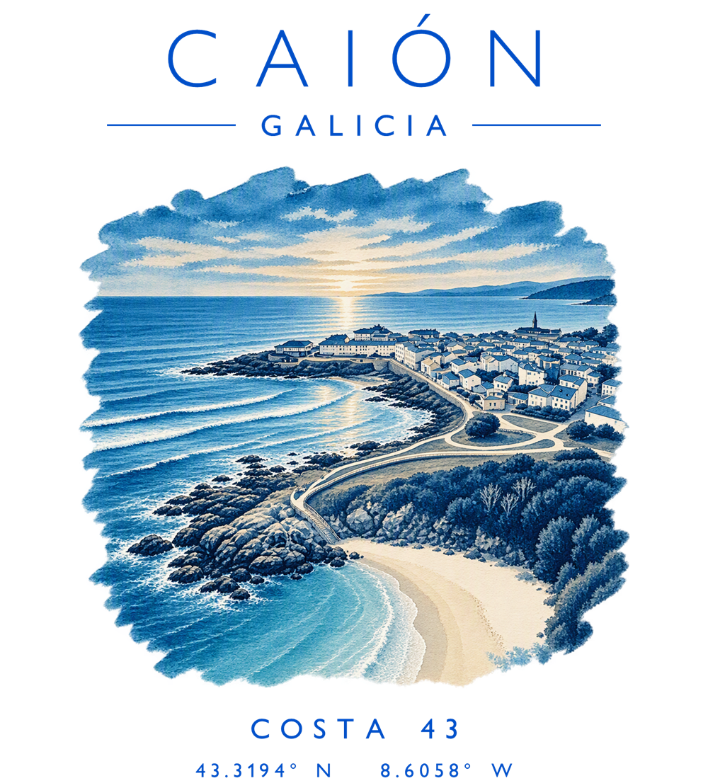Estampado de Caión: nombre, el pueblo y la playa en azul y arena, y coordenadas