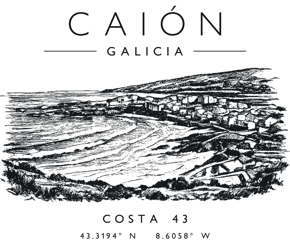 Estampado de la camiseta Caión: nombre, grabado del pueblo y coordenadas
