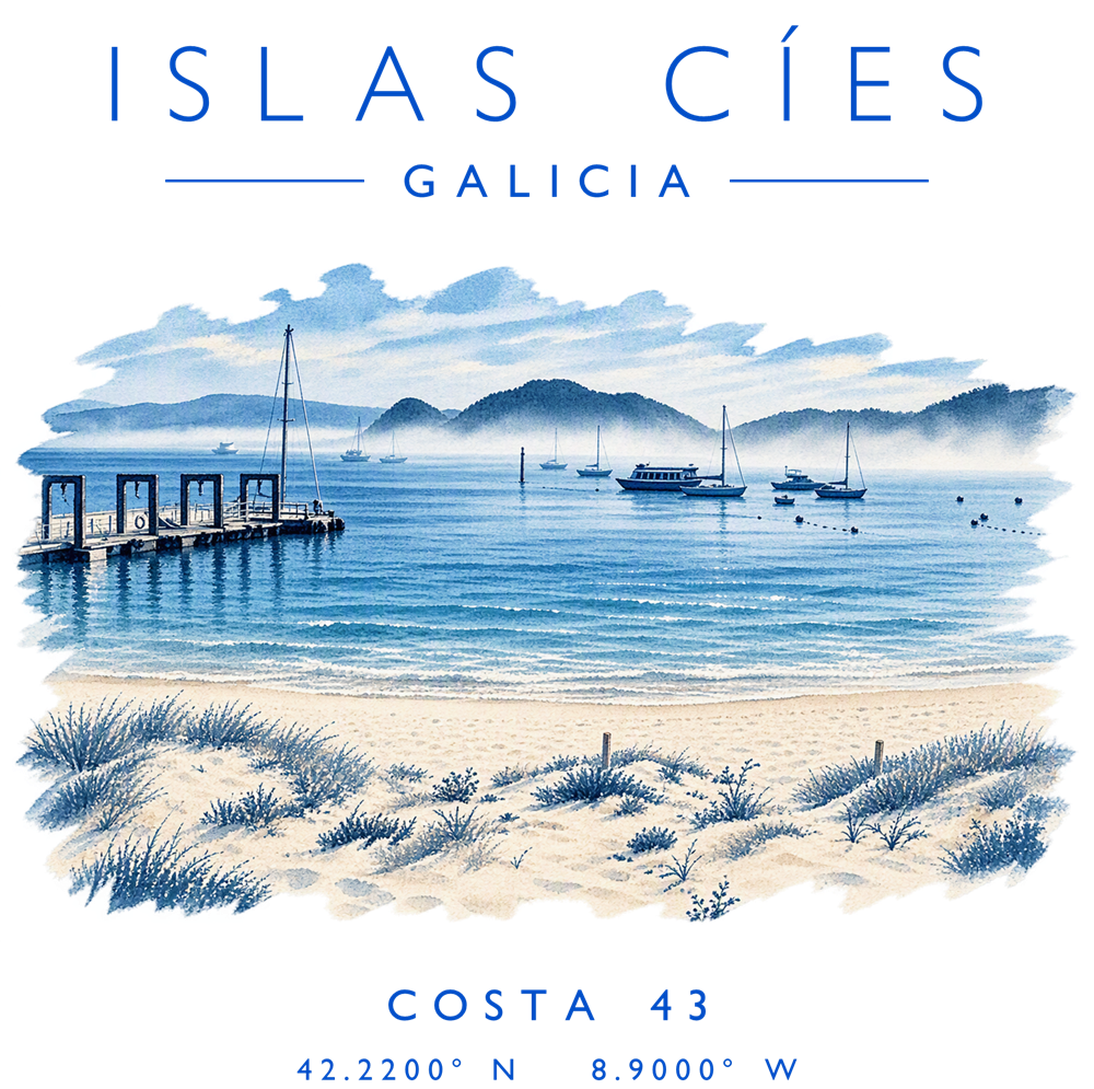 Estampado azul de las Islas Cíes: nombre, grabado de las islas y coordenadas