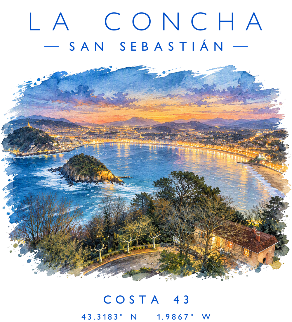 Estampado de La Concha: nombre, la bahía de San Sebastián a color al anochecer y coordenadas