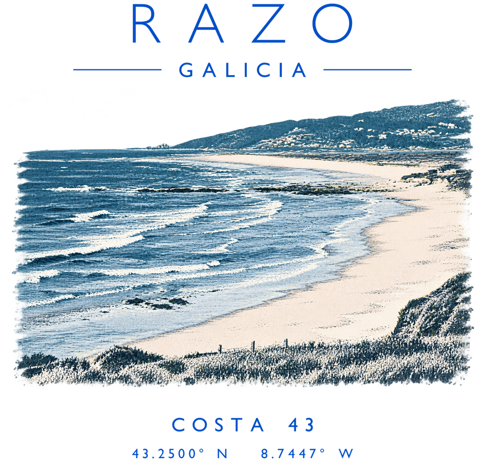 Estampado de Razo: nombre, grabado a color de la playa y coordenadas