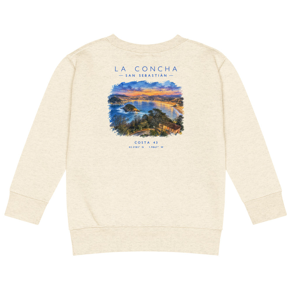 Sudadera La Concha niño crudo de Costa 43, espalda con el grabado