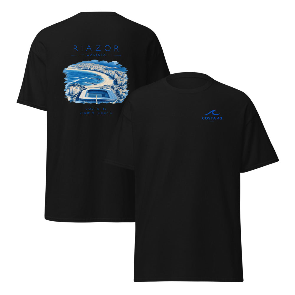 Camiseta Riazor negra de Costa 43, delante y detrás