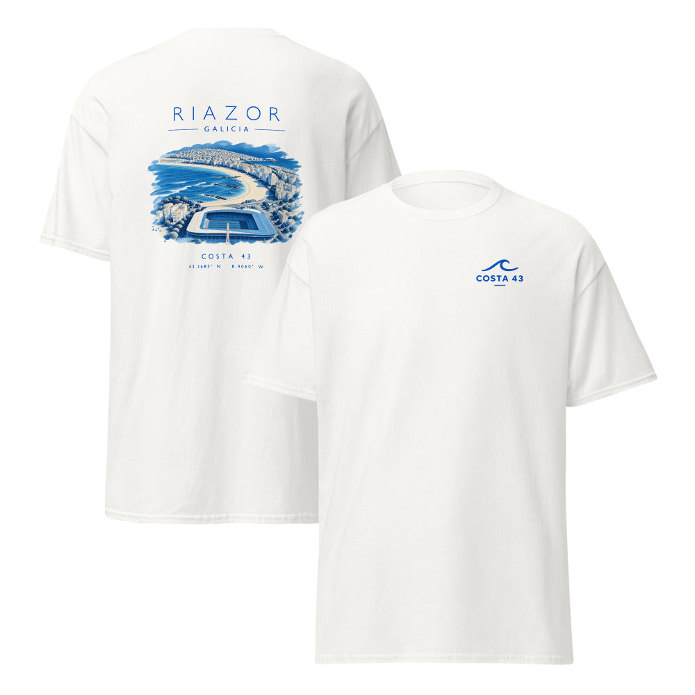 Camiseta Riazor blanca de Costa 43, delante y detrás