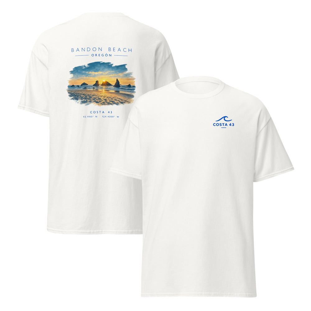 Camiseta Bandon Beach blanca de Costa 43, delante y detrás