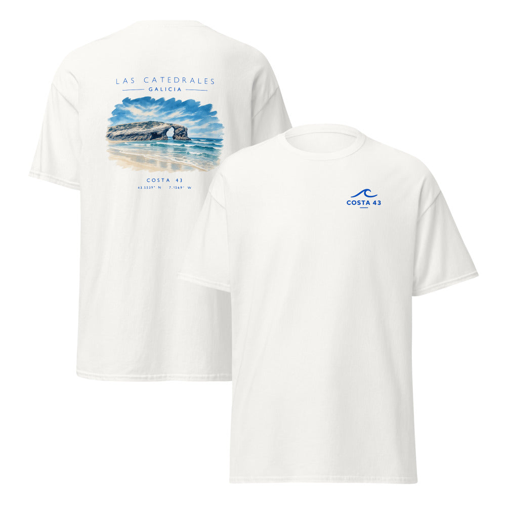 Camiseta Las Catedrales blanca de Costa 43, delante y detrás