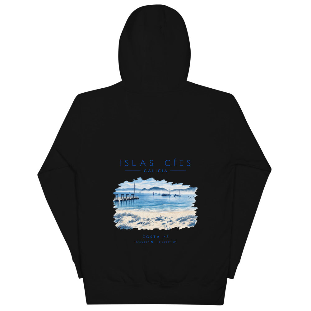 Sudadera con capucha Islas Cíes negra de Costa 43, espalda con el grabado