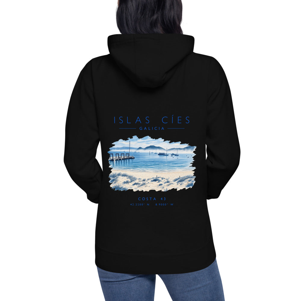 Sudadera con capucha Islas Cíes negra de Costa 43, puesta, de espaldas