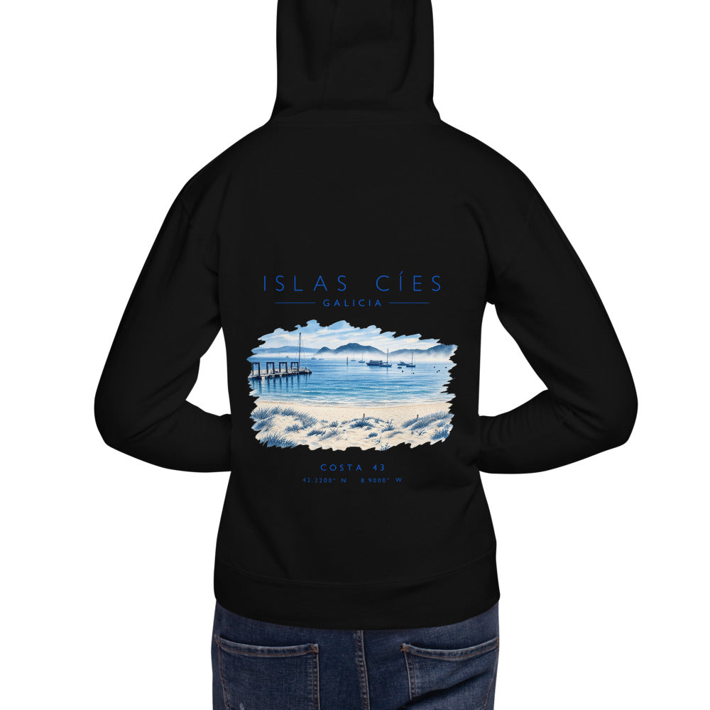 Sudadera con capucha Islas Cíes negra de Costa 43, modelo de espaldas