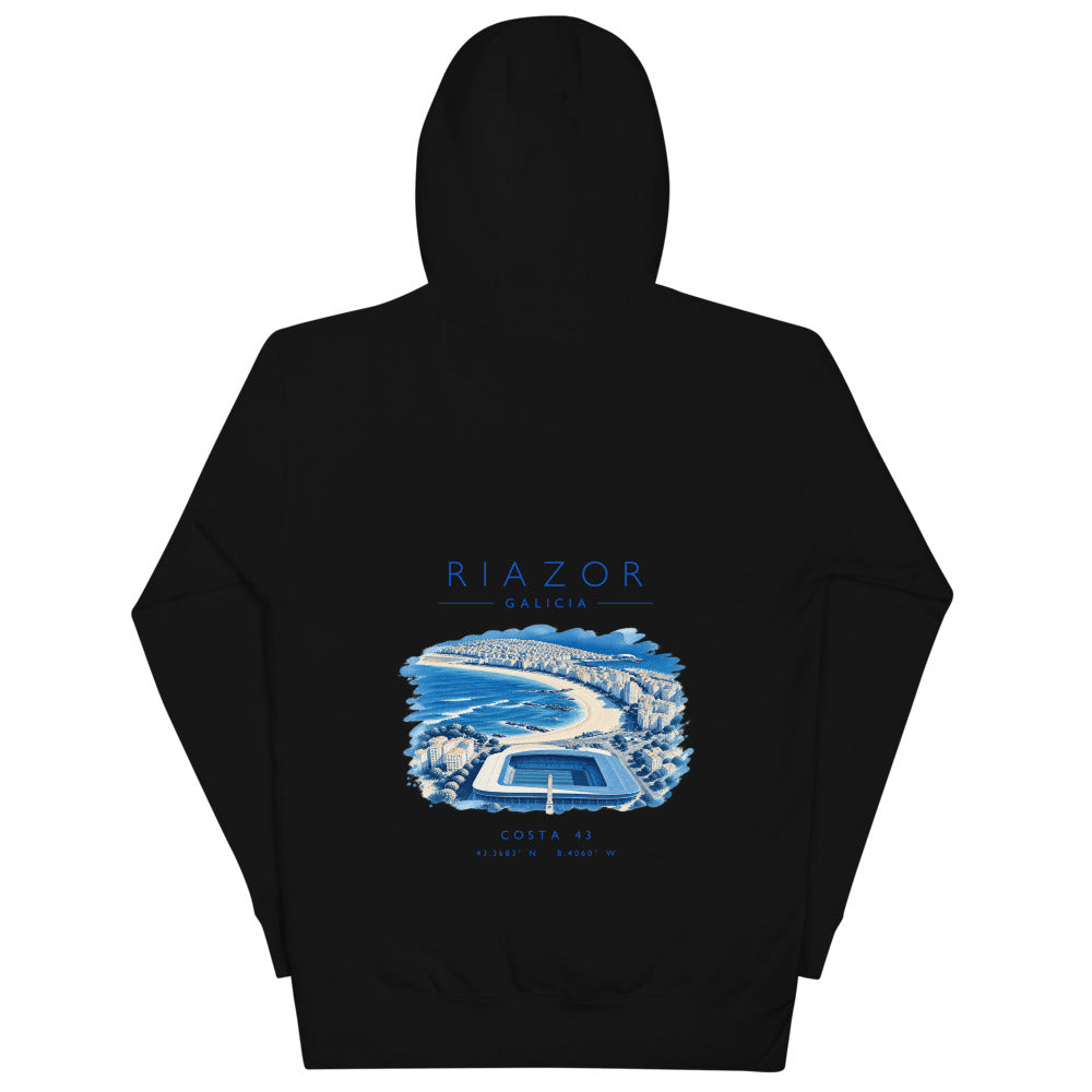 Sudadera con capucha Riazor negra de Costa 43, espalda con el grabado