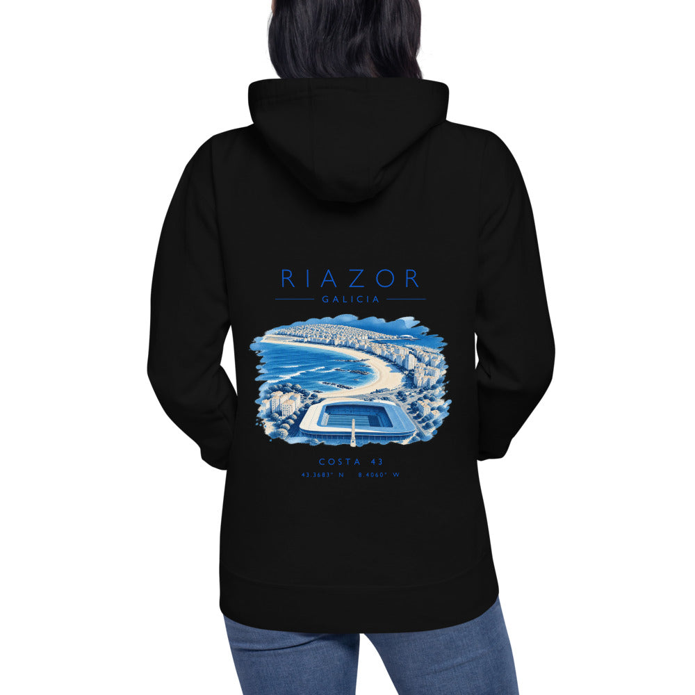 Sudadera con capucha Riazor negra de Costa 43, puesta, de espaldas