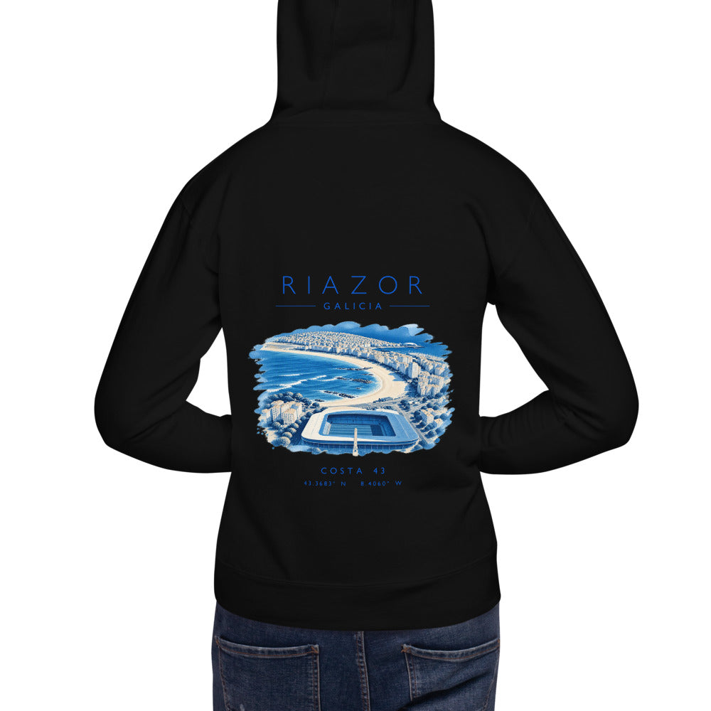 Sudadera con capucha Riazor negra de Costa 43, modelo de espaldas