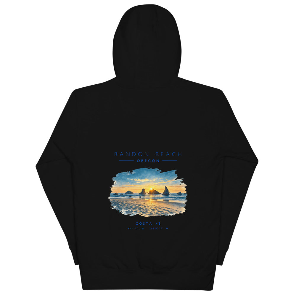 Sudadera con capucha Bandon Beach negra de Costa 43, espalda con el grabado