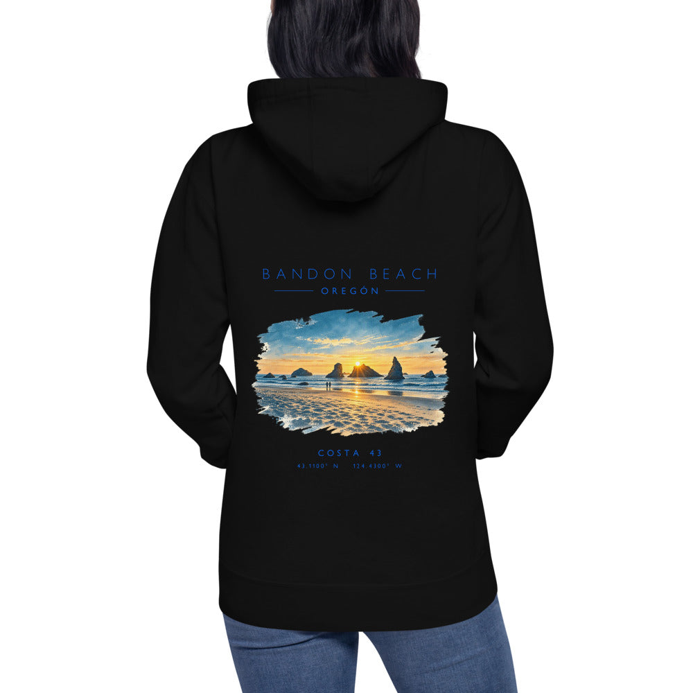 Sudadera con capucha Bandon Beach negra de Costa 43, puesta, de espaldas