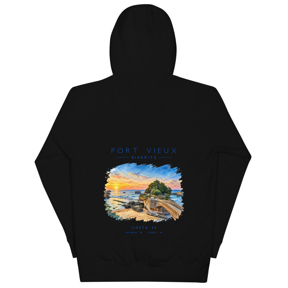 Sudadera con capucha Port Vieux negra de Costa 43, espalda con el grabado