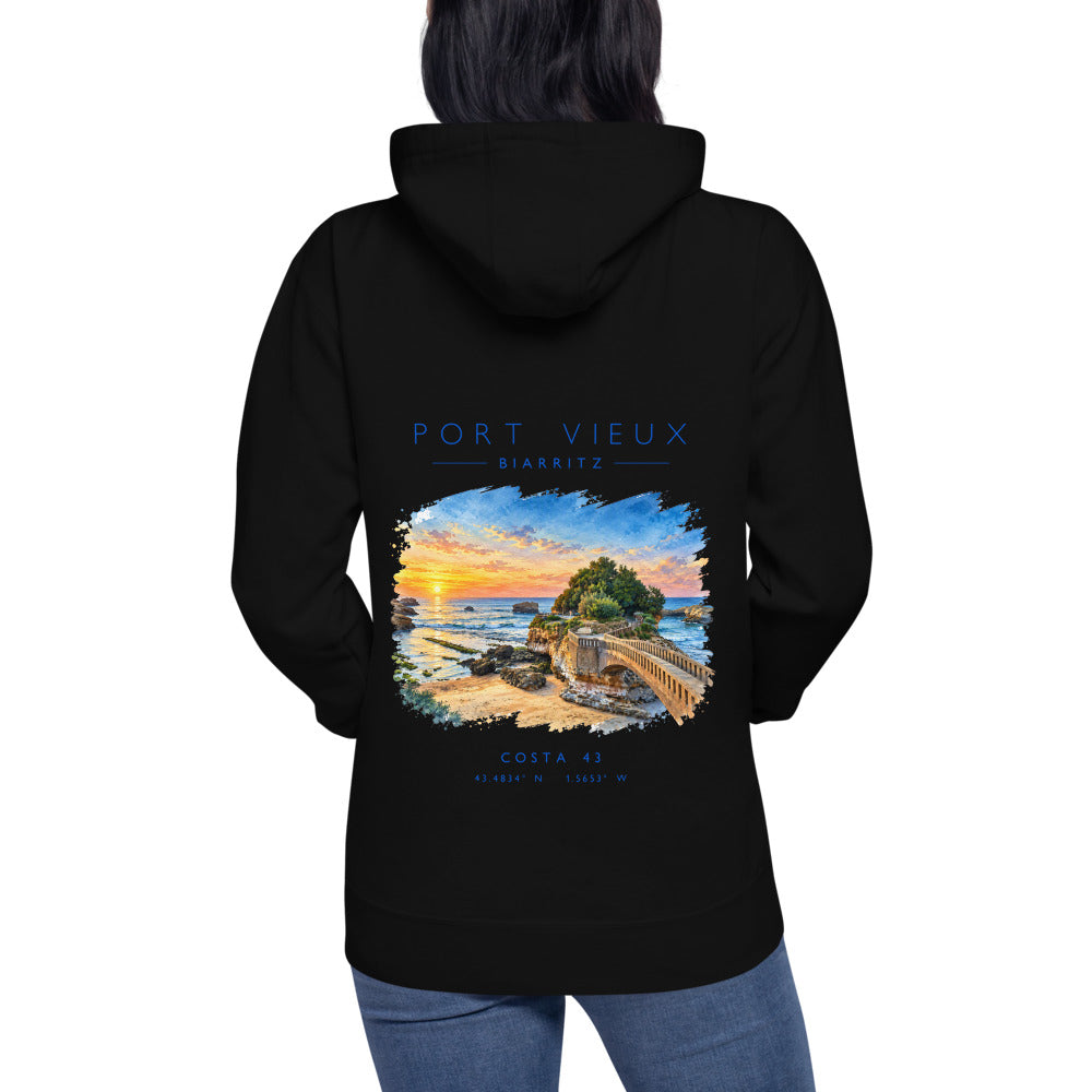 Sudadera con capucha Port Vieux negra de Costa 43, puesta, de espaldas