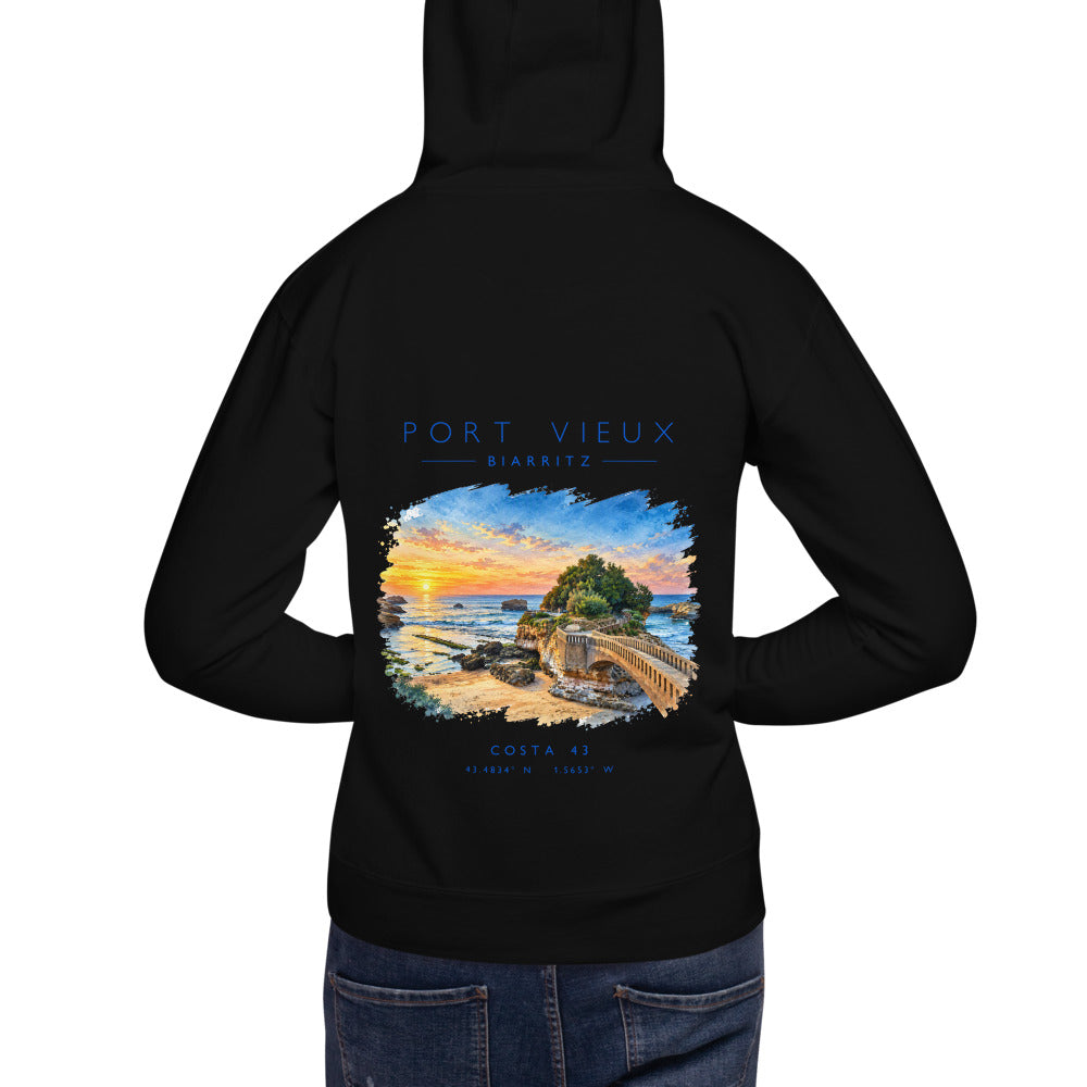 Sudadera con capucha Port Vieux negra de Costa 43, modelo de espaldas