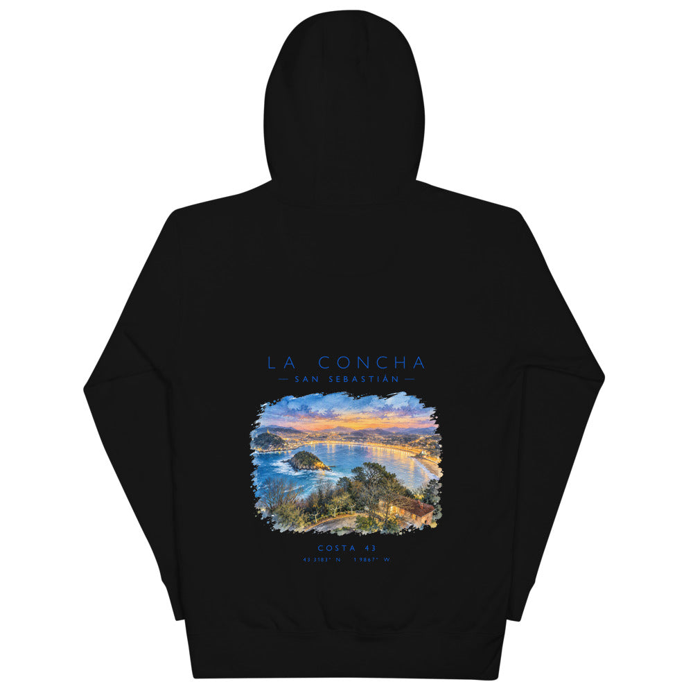 Sudadera con capucha La Concha negra de Costa 43, espalda con el grabado