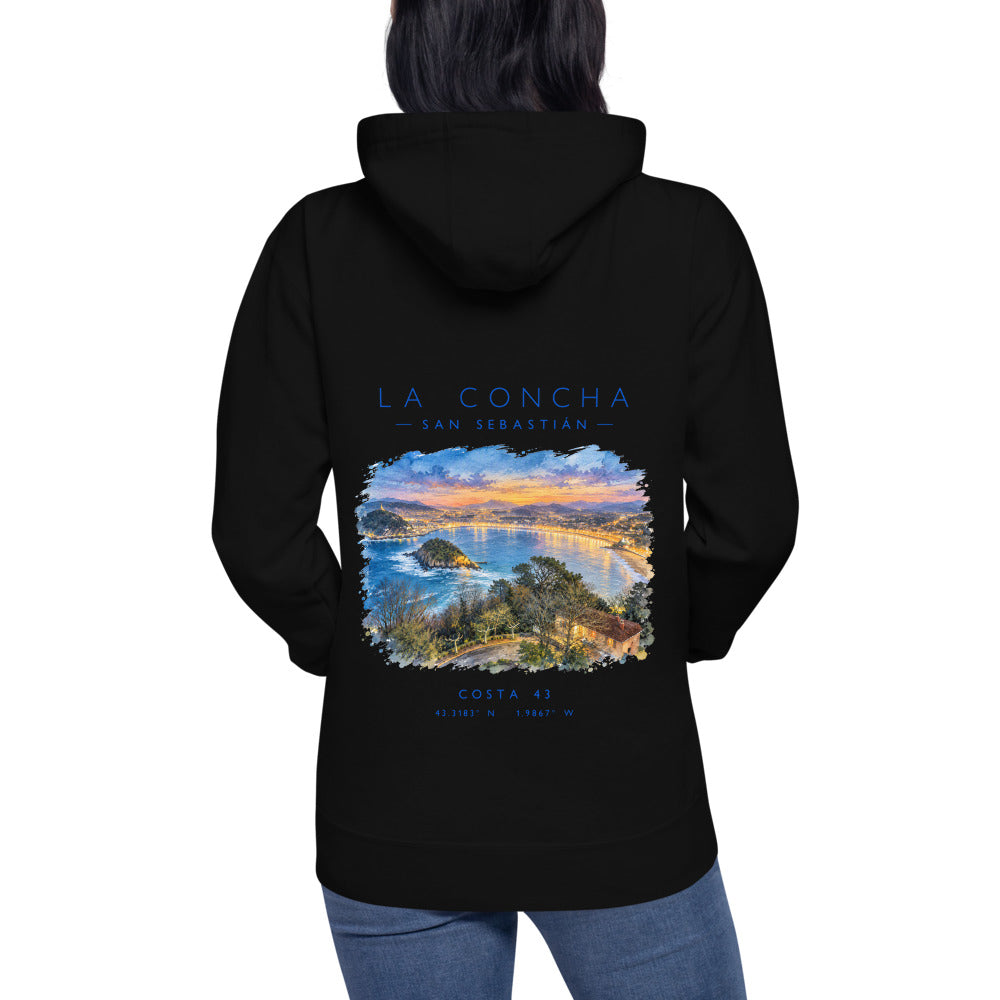 Sudadera con capucha La Concha negra de Costa 43, puesta, de espaldas