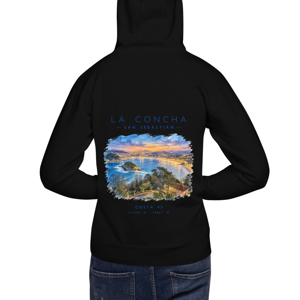 Sudadera con capucha La Concha negra de Costa 43, modelo de espaldas