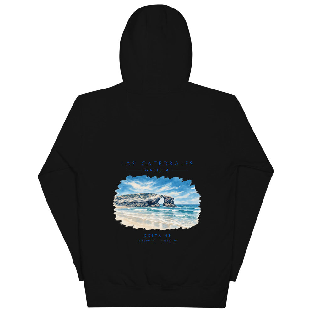 Sudadera con capucha Las Catedrales negra de Costa 43, espalda con el grabado
