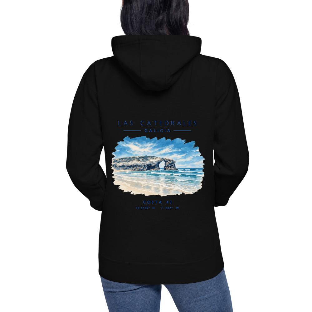 Sudadera con capucha Las Catedrales negra de Costa 43, puesta, de espaldas