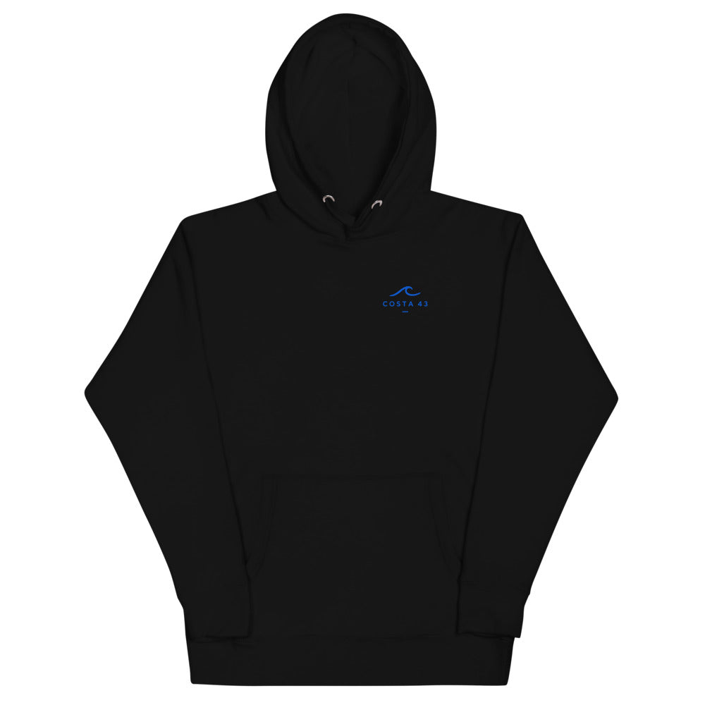 Sudadera con capucha Bandon Beach negra de Costa 43, delante con el logo