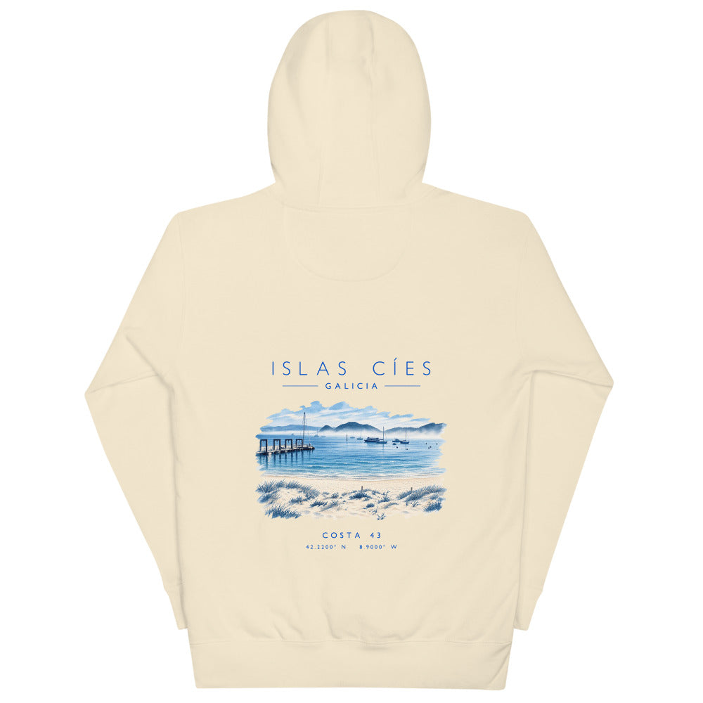 Sudadera con capucha Islas Cíes hueso de Costa 43, espalda con el grabado