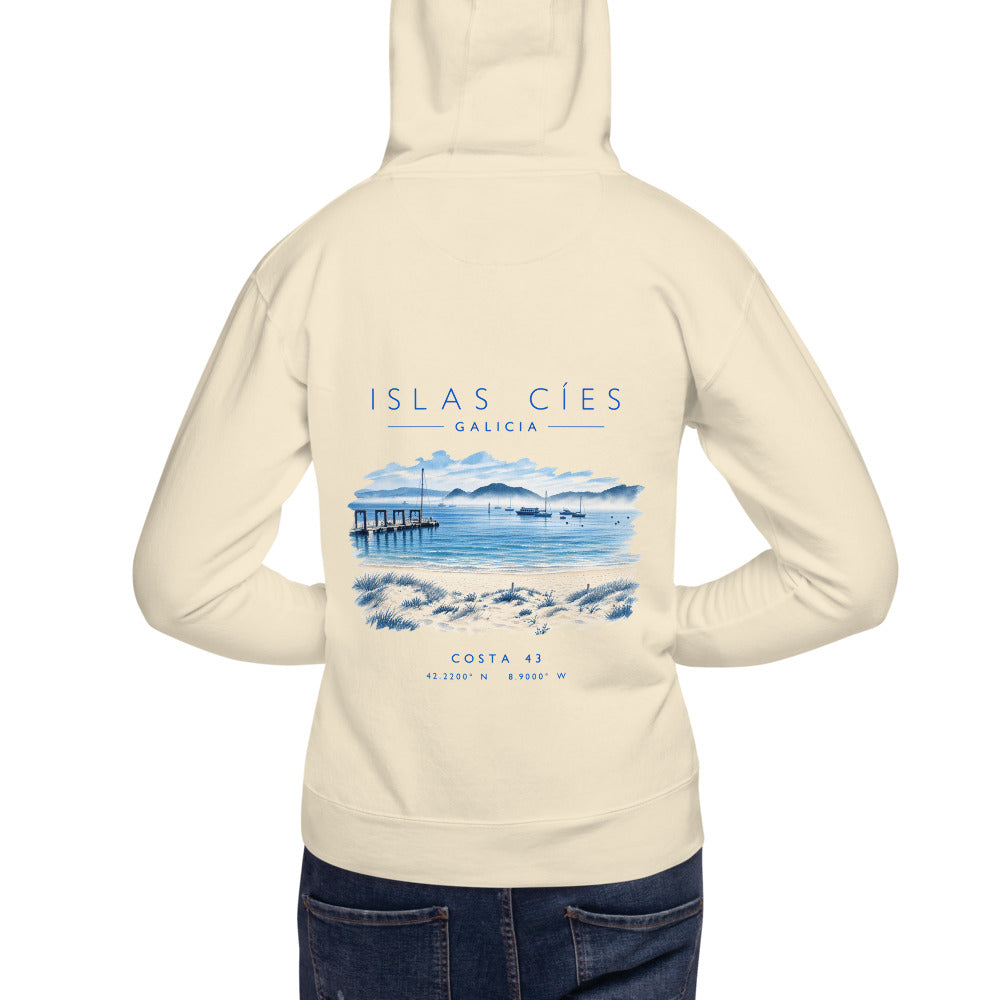 Sudadera con capucha Islas Cíes hueso de Costa 43, modelo de espaldas