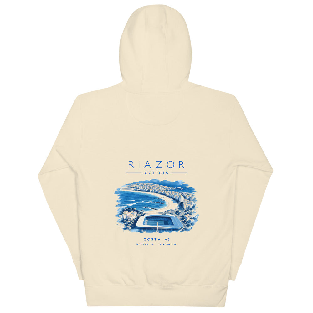 Sudadera con capucha Riazor hueso de Costa 43, espalda con el grabado