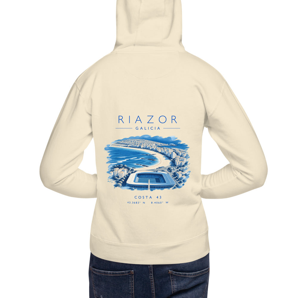 Sudadera con capucha Riazor hueso de Costa 43, modelo de espaldas