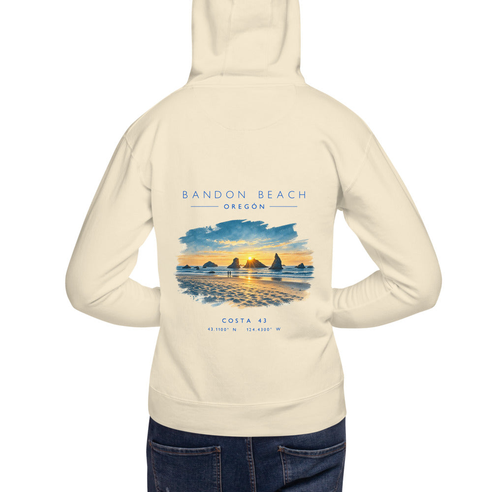 Sudadera con capucha Bandon Beach hueso de Costa 43, modelo de espaldas