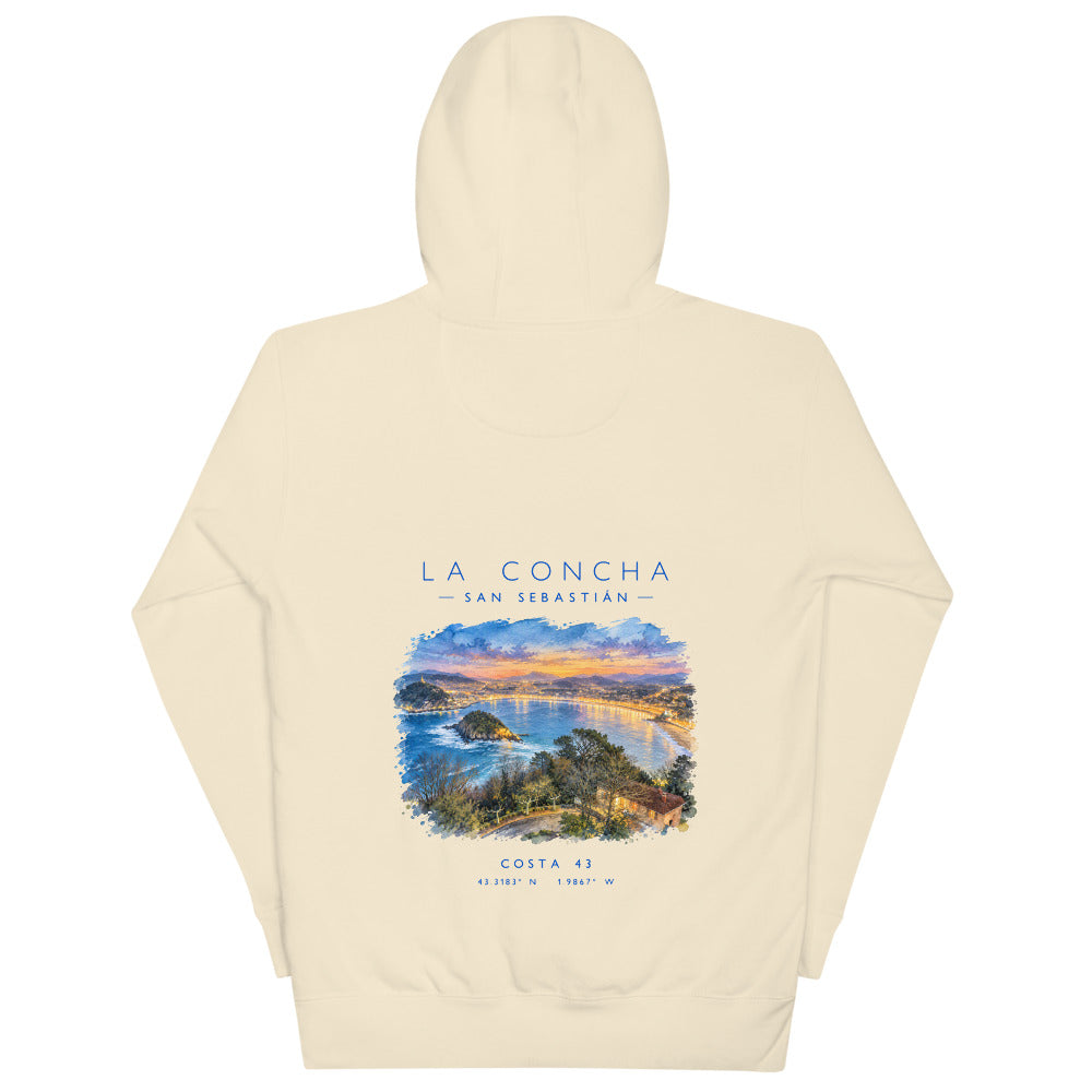 Sudadera con capucha La Concha hueso de Costa 43, espalda con el grabado