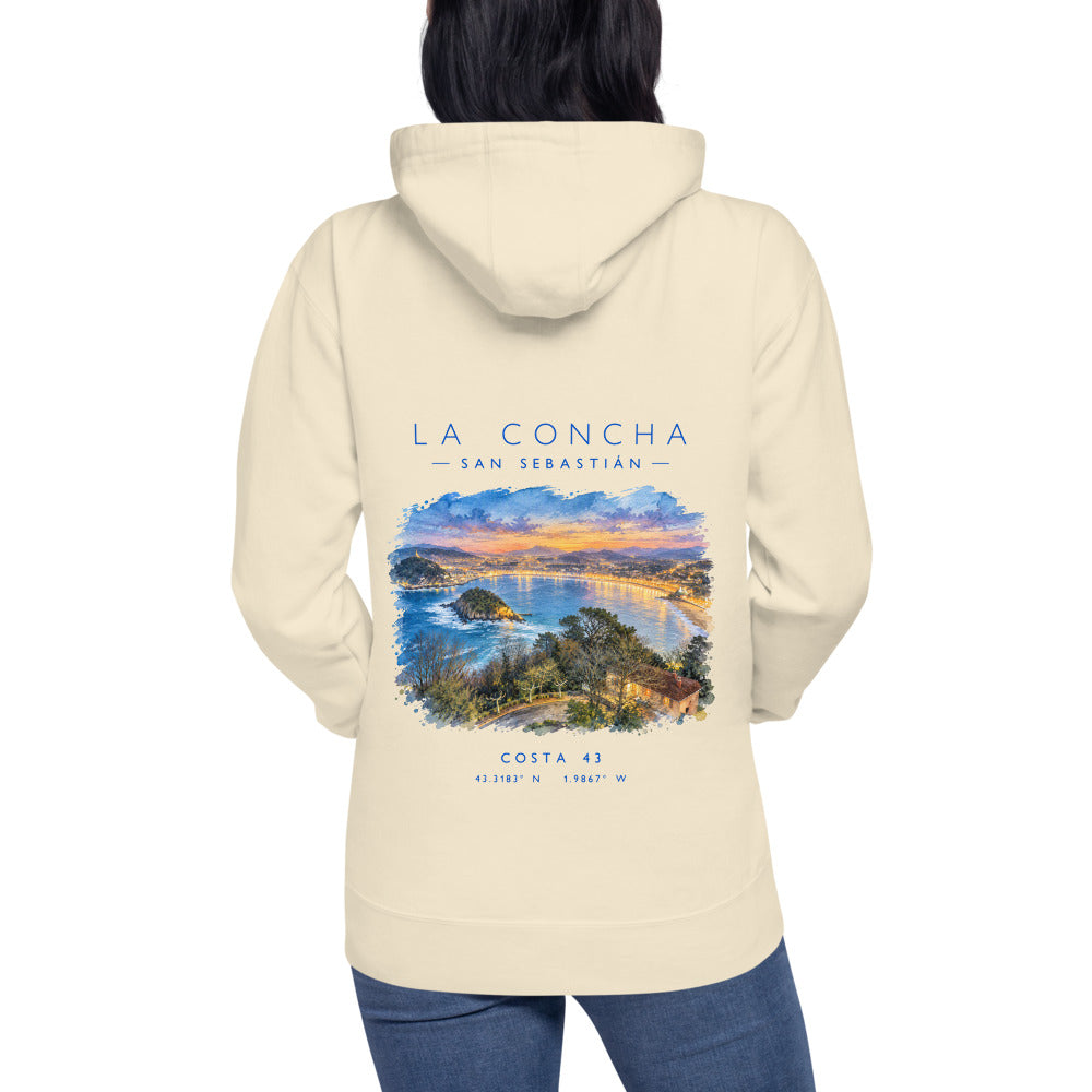 Sudadera con capucha La Concha hueso de Costa 43, puesta, de espaldas