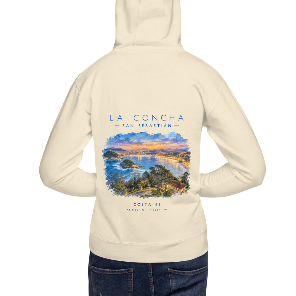 Sudadera con capucha La Concha hueso de Costa 43, modelo de espaldas