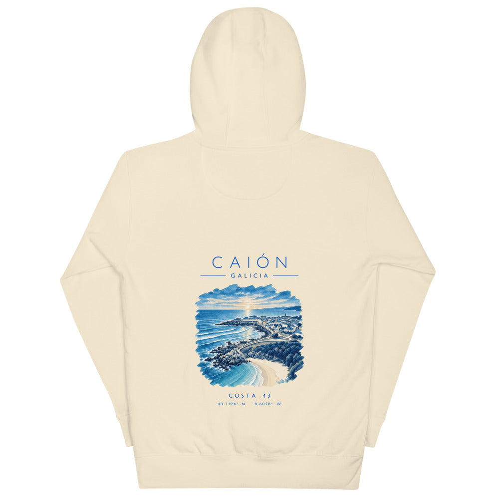 Sudadera con capucha Caión hueso de Costa 43, espalda con el grabado