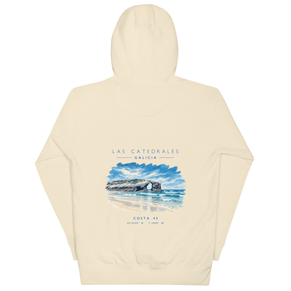 Sudadera con capucha Las Catedrales hueso de Costa 43, espalda con el grabado