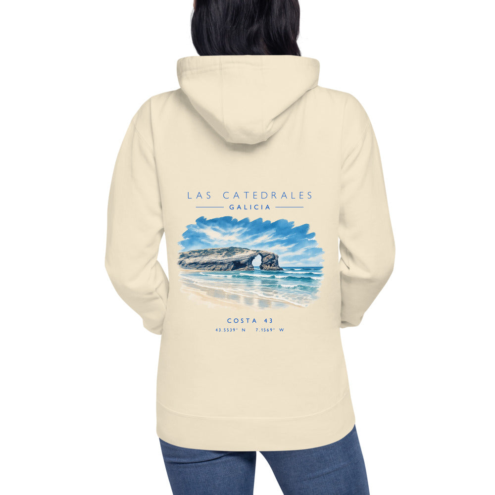 Sudadera con capucha Las Catedrales hueso de Costa 43, puesta, de espaldas