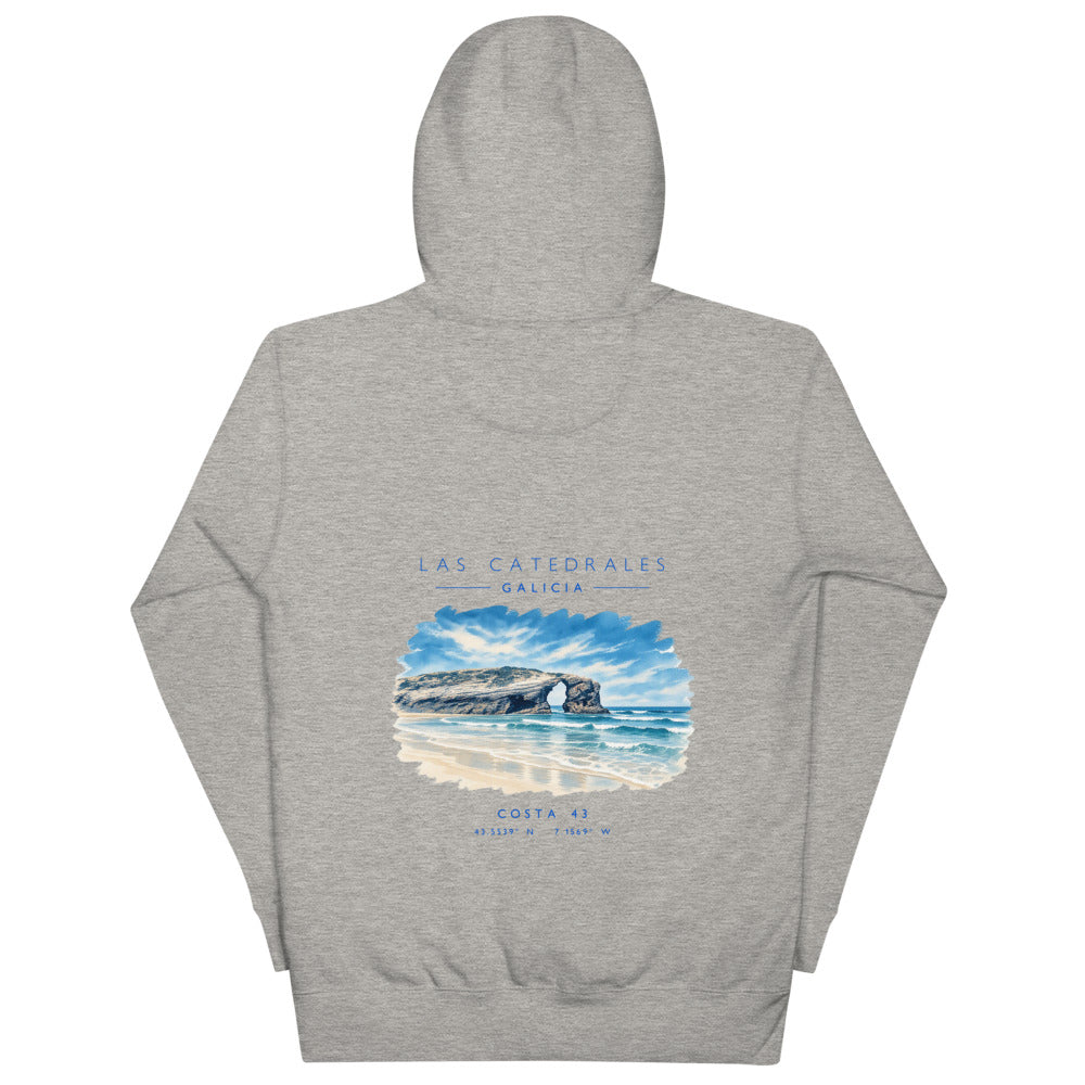 Sudadera con capucha Las Catedrales gris de Costa 43, espalda con el grabado