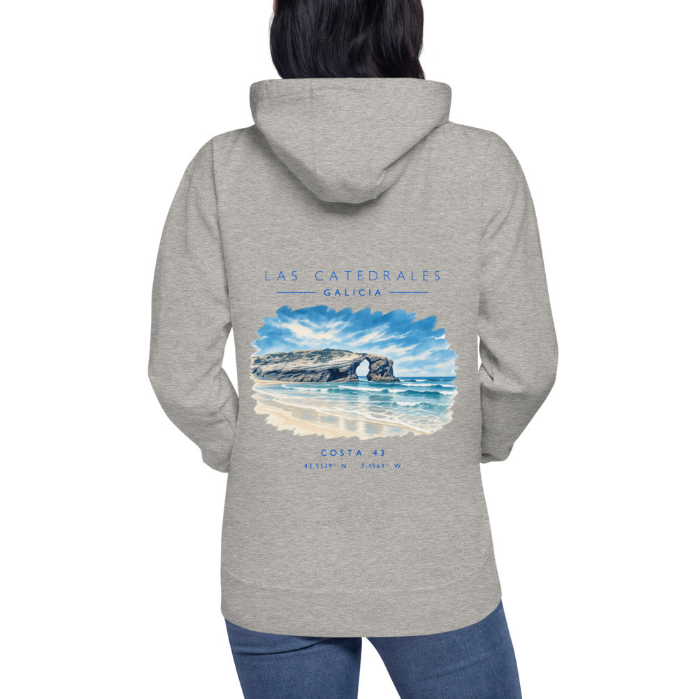 Sudadera con capucha Las Catedrales gris de Costa 43, puesta, de espaldas