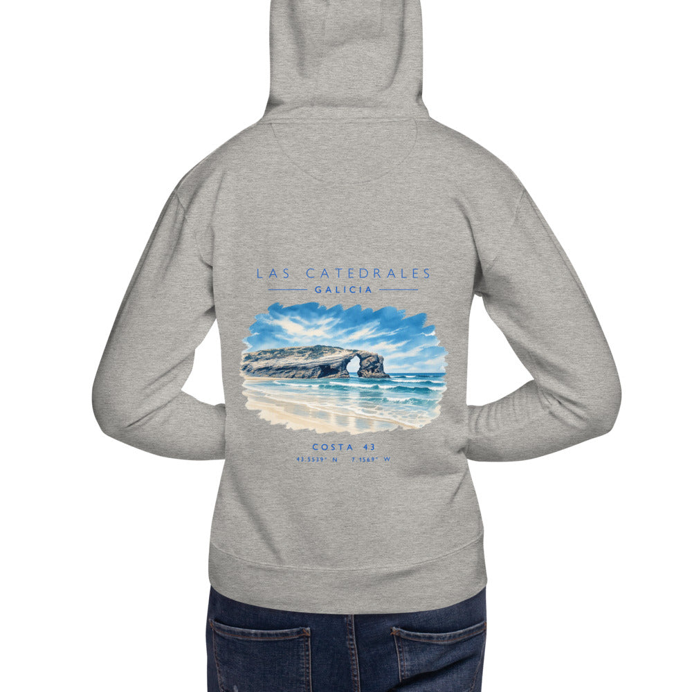 Sudadera con capucha Las Catedrales gris de Costa 43, modelo de espaldas