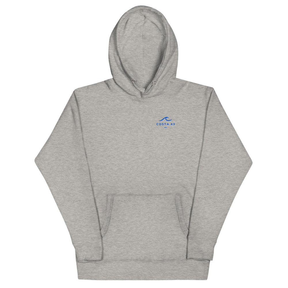 Sudadera con capucha Las Catedrales gris de Costa 43, delante con el logo