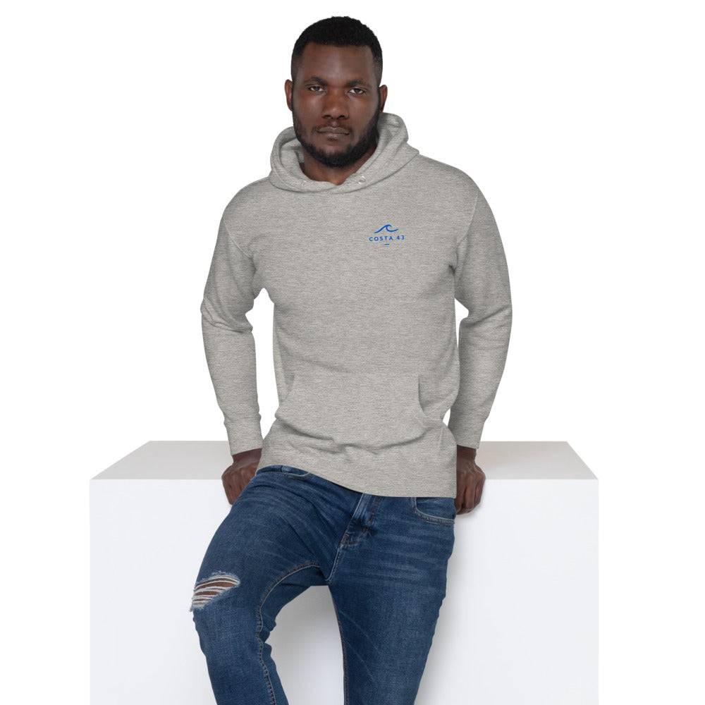 Sudadera con capucha Las Catedrales gris de Costa 43, puesta