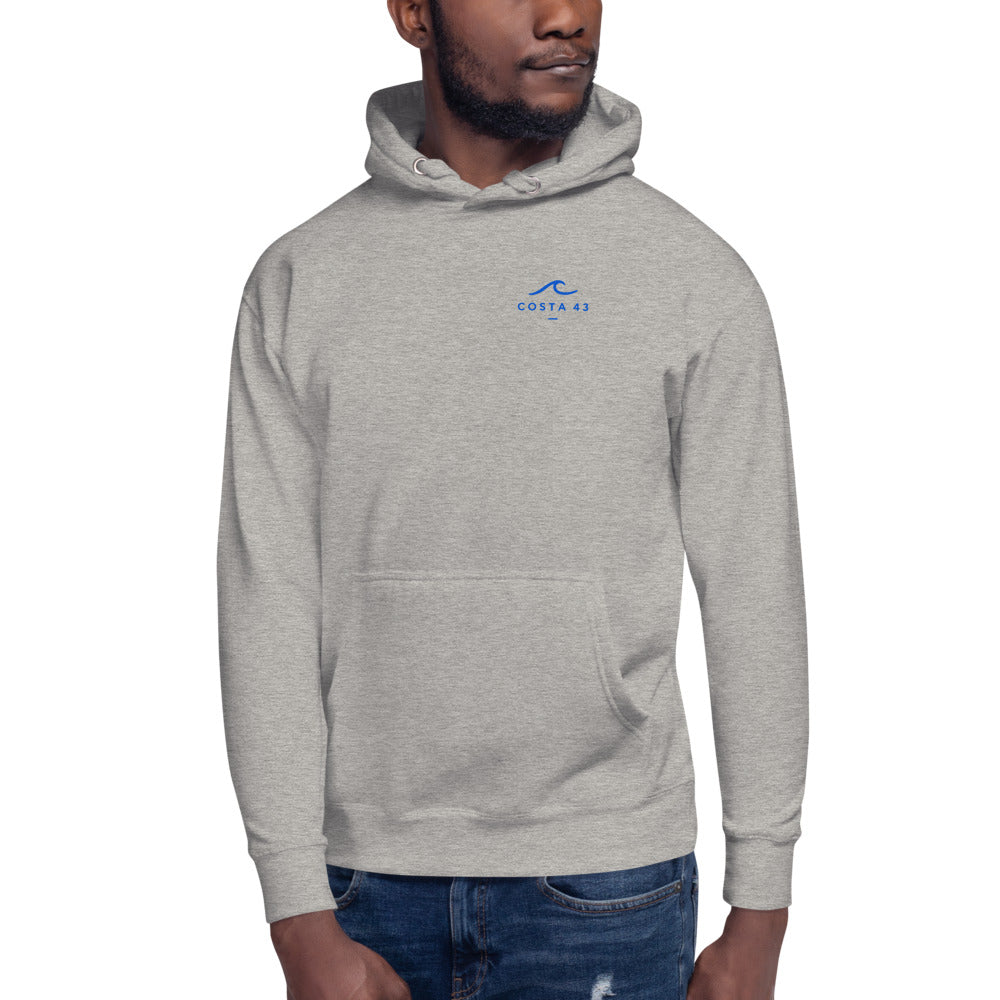 Sudadera con capucha Las Catedrales gris de Costa 43, modelo de frente