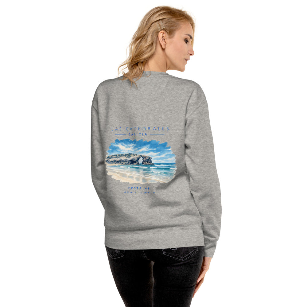Sudadera Las Catedrales gris de Costa 43, puesta, de espaldas