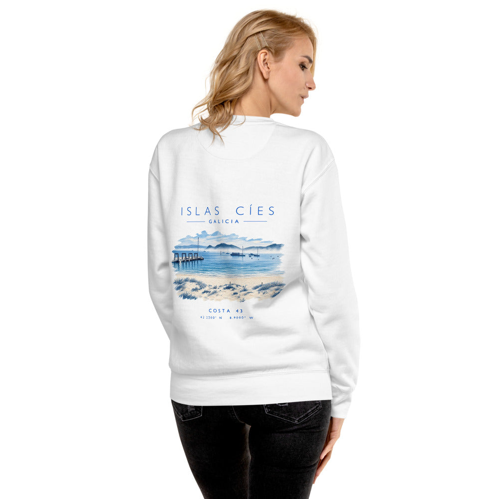 Sudadera Islas Cíes blanca de Costa 43, puesta, de espaldas