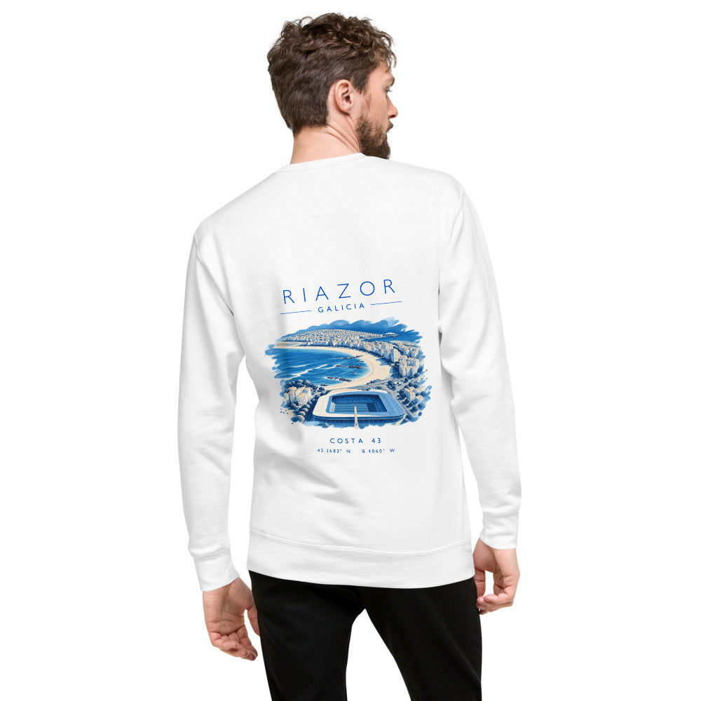 Sudadera Riazor blanca de Costa 43, modelo de espaldas